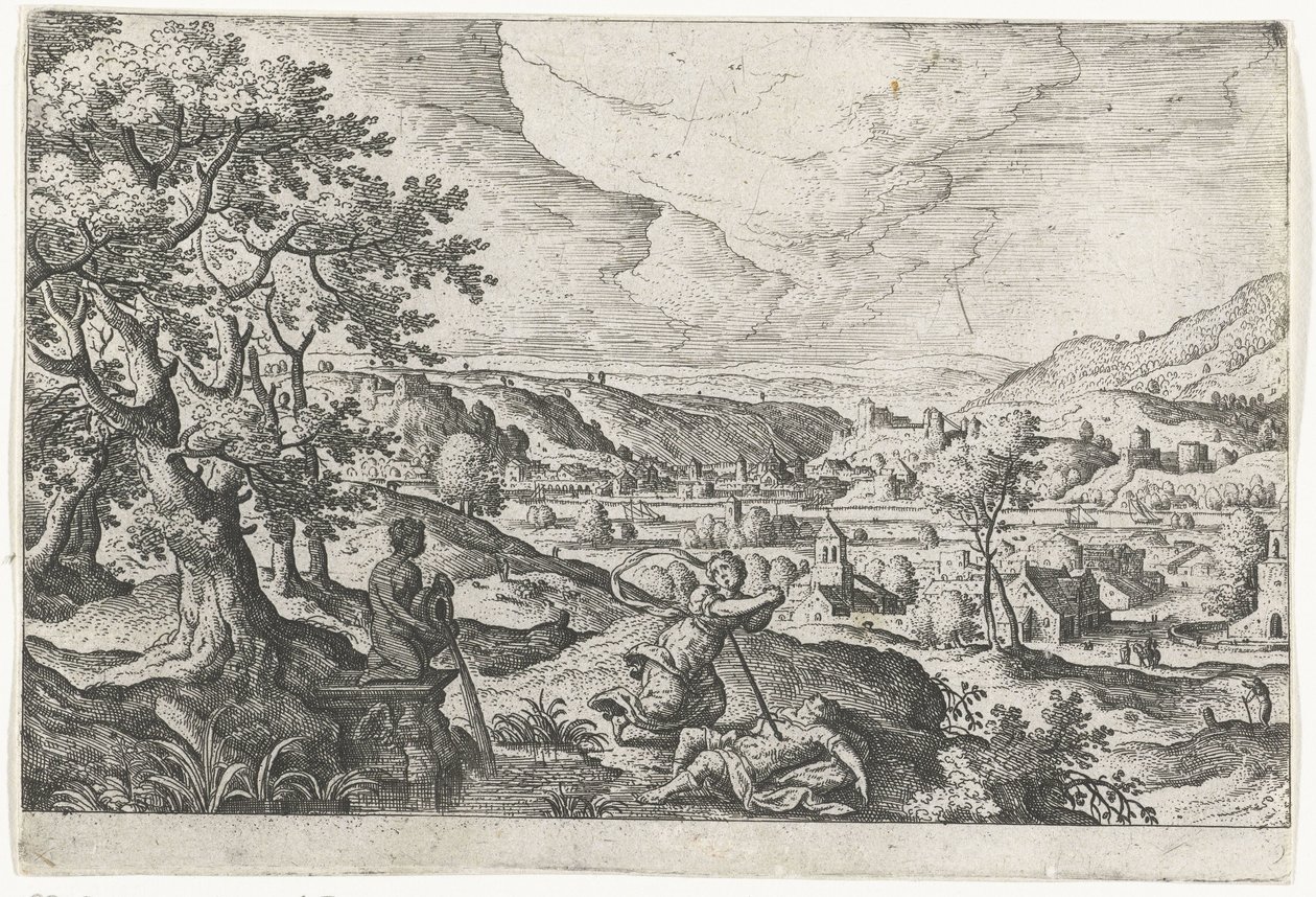 Pyramus og Thisbea Landskap med mytologiske og bibelske scener (serietittel) av Anonymous