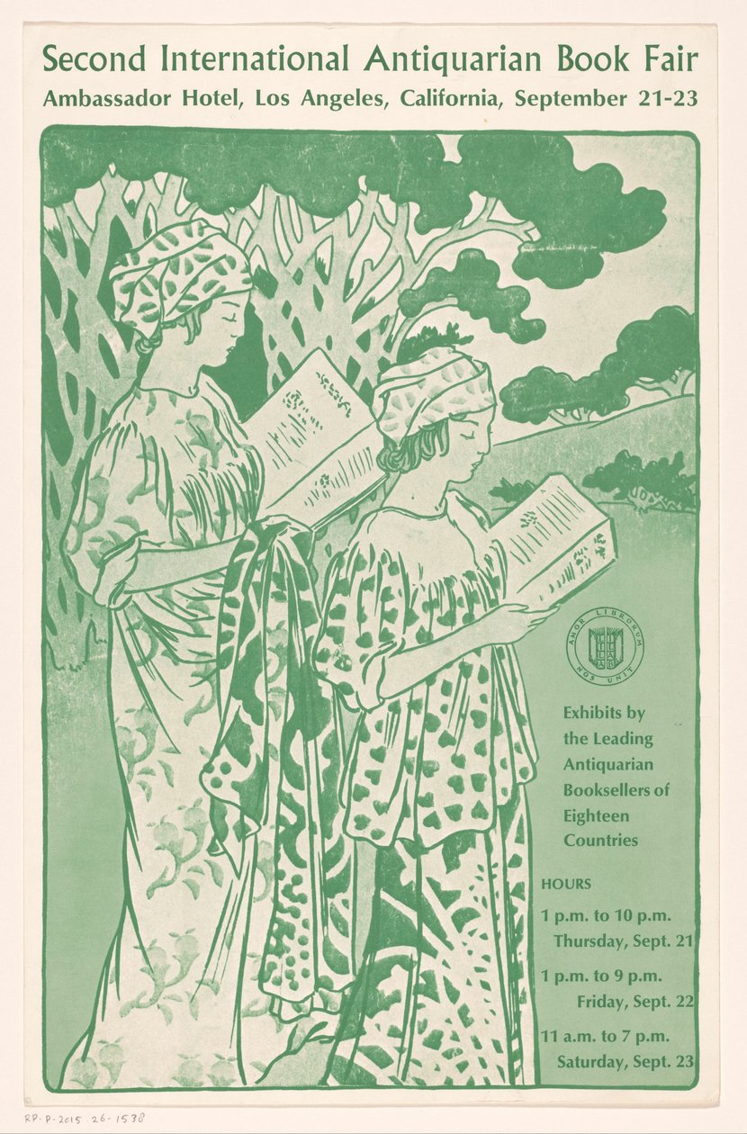 Reclamebiljet for Second International Antiquarian Book Fair i Los Angeles Andre internasjonale antikvariske bokmesse (tittel på objekt) av Anonymous
