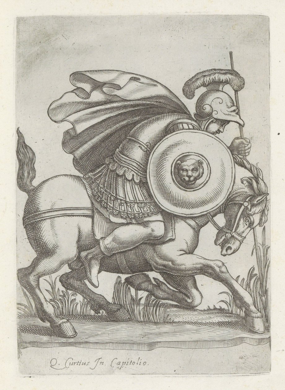 Reliëf met de daad av Marcus Curtius Antikke skulpturer i Roma (serietittel) Ikoner av de gamle statuene av byen Roma som er sett på offentlige steder (serietittel) av Anonymous