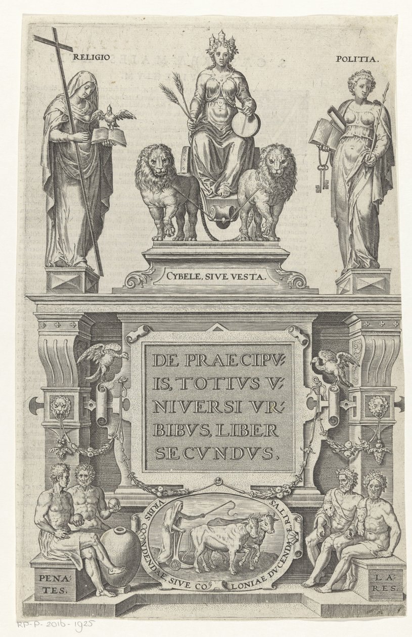 Rhea, Religion, Bestuur og Husgoden Tittelside for: Georg Braun og Franz Hogenberg, Om de viktigste byene i hele universet, andre bok, s.a. av Anonymous