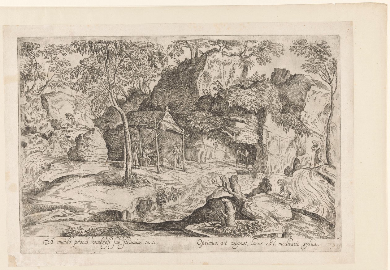 Rotsachtig landskap med tak på palen og rett leeuw Langt borte fra verden, skjermet under et stråtak, / Det beste stedet å trives er, en sylvisk meditasjon (tittel på objekt) Landschappen naar Domenico Campagnola (serietittel) av Anonymous
