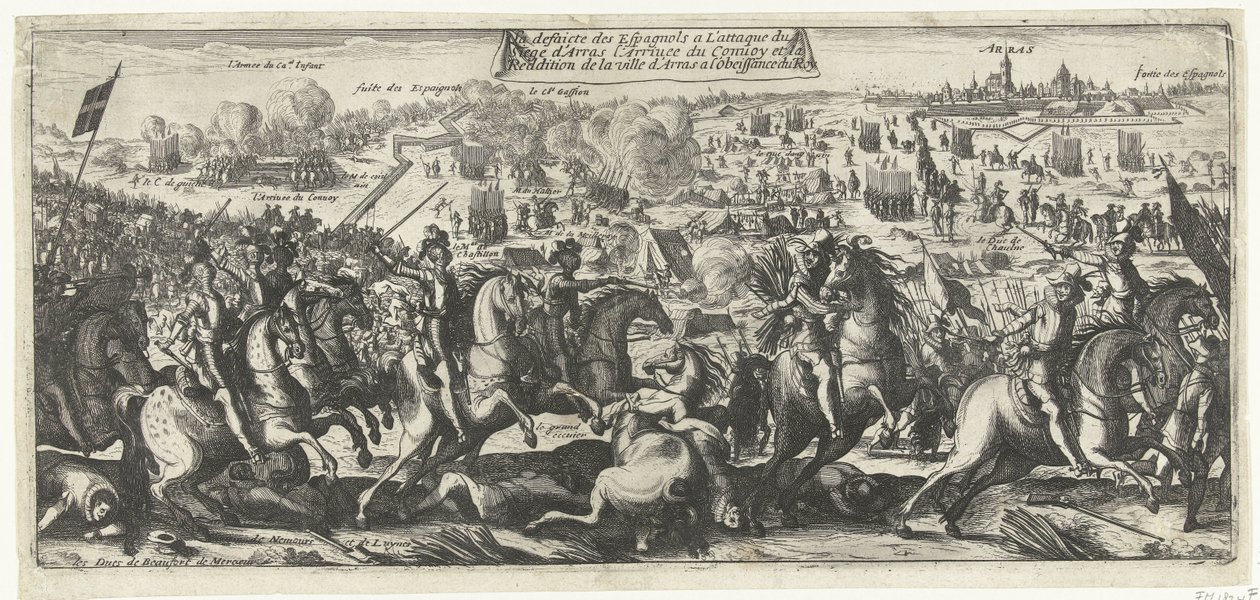 Ruiter Gevecht bij Arras, 1640 Spanjolenes nederlag ved angrepet på beleiringen av Arras Ankomsten av konvoien og overgivelsen av byen Arras til kongens lydighet (tittel på objekt) av Anonymous