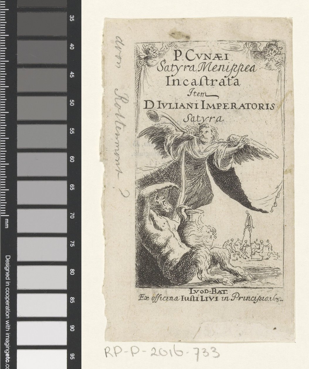 Satyr og engel som blåser trompet Tittelside for: Petrus Cunaeus, Satyra Menippea Incastrata, 1632 av Anonymous