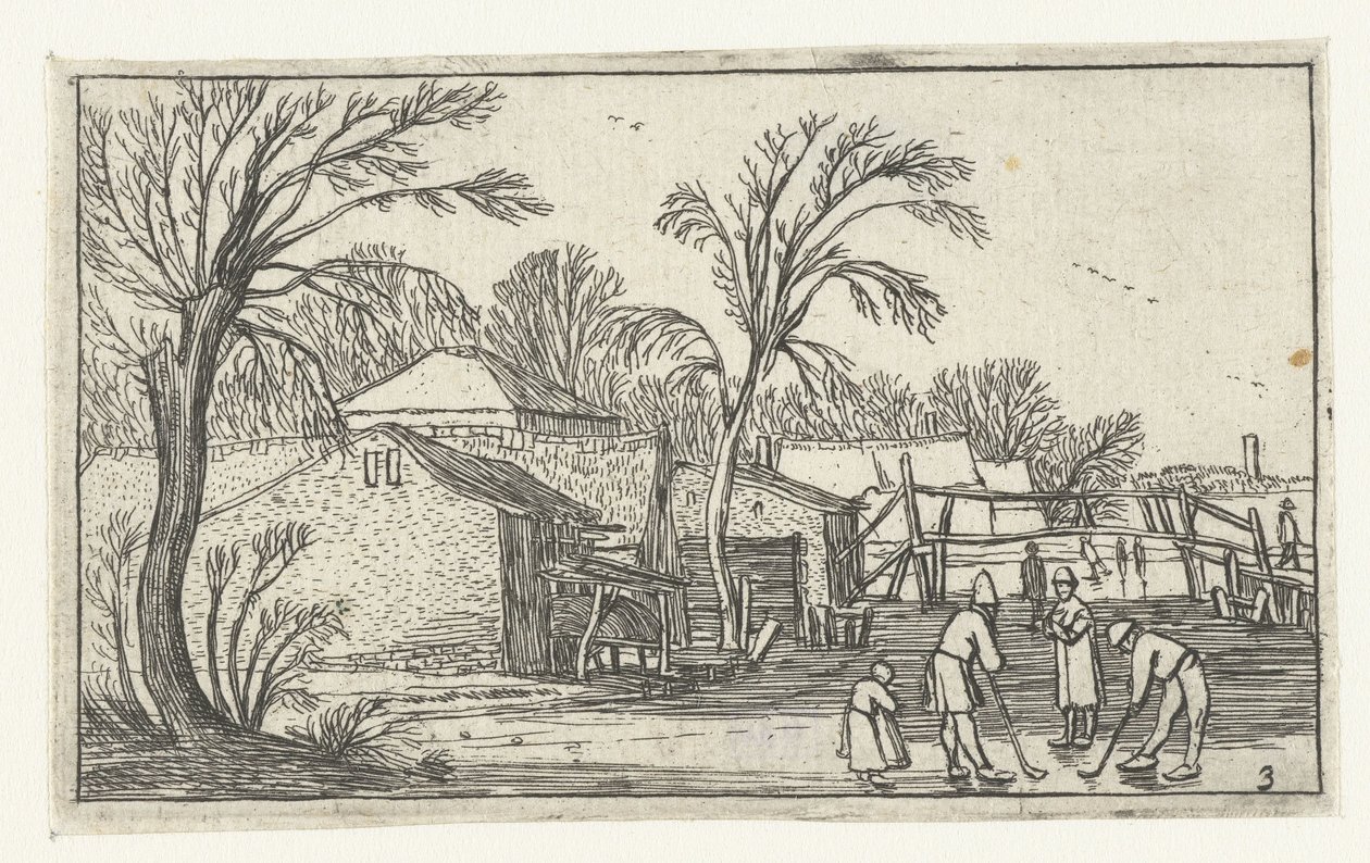 Skatere og kolbespillere på isen for gårder Landskap etter Esaias van de Velde (serietittel) av Anonymous
