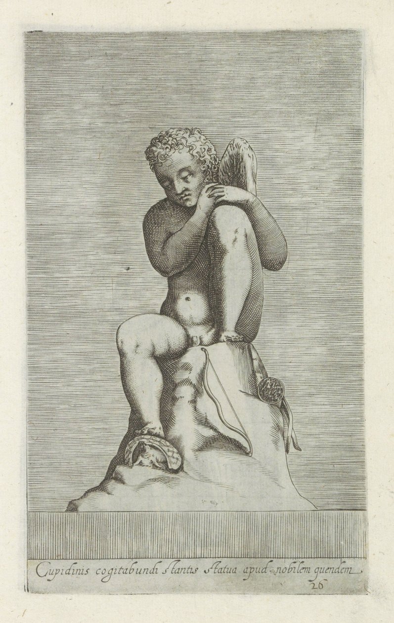 Skulptur av Amor Statue av amor som står ettertenksom med en adelsmann (tittel på objekt) Antikke skulpturer i Roma (serietittel) Ikoner av de gamle statuene av byen Roma som er sett på offentlige steder (serietittel) av Anonymous