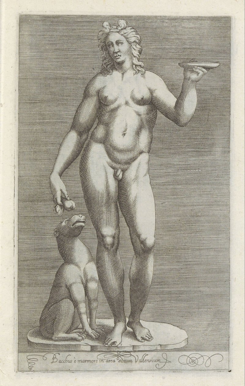 Skulptur av Bacchus en en hund Bacchus og marmor i området til Vallens-palasset (tittel på objekt) Antikke skulpturer i Roma (serietittel) Ikoner av de gamle statuene av byen Roma som er sett på offentlige steder (serietittel) av Anonymous