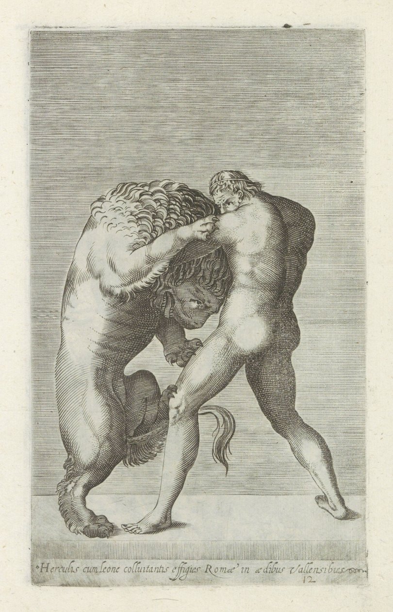 Skulptur av Hercules i kamp med Nemeïsche-løven Statue av Hercules som kjemper med en løve i Romas murer (tittel på objekt) Antikke skulpturer i Roma (serietittel) Av de gamle statuene av byen Roma som er sett på offentlige steder, er jeg av Anonymous