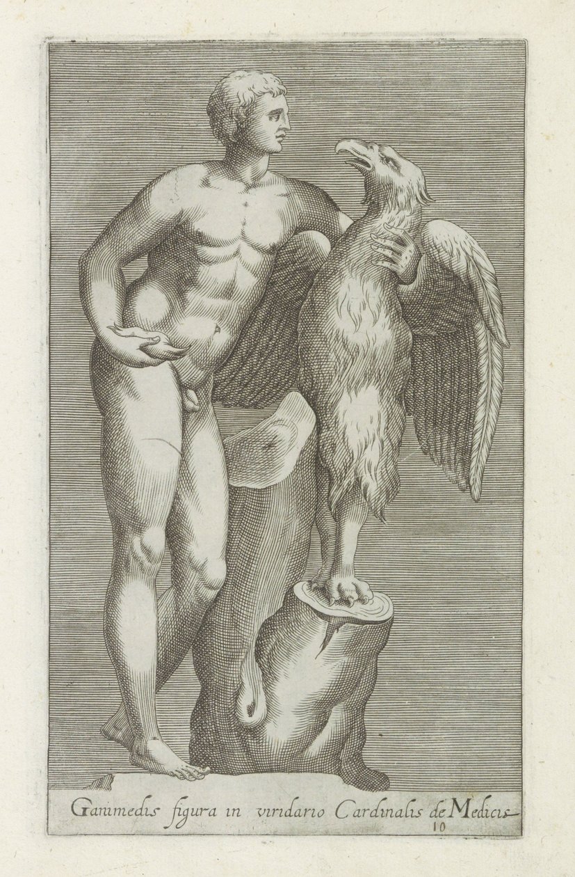 Sculptuur van Jupiter als adelaar møtte Ganymedes Ganymedes-figur i hagen til kardinal de Medicis (tittel på objekt) Antike sculpturen in Roma (serietittel) Ikoner av de gamle statuene av byen Roma som er sett på offentlige steder (serietittel) av Anonymous