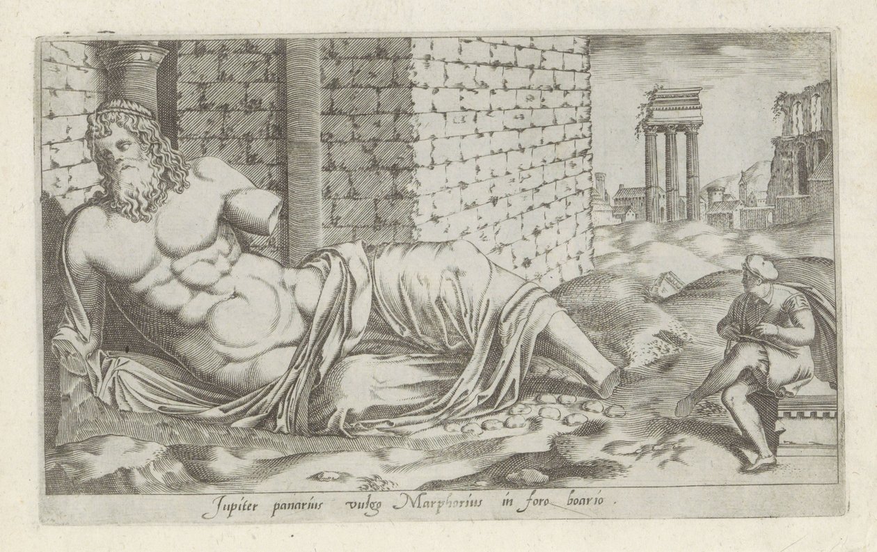 Skulptur av Marforio Jupiter Panarius ofte kjent som Marphorius på storfemarkedet (tittel på objekt) Antikke skulpturer i Roma (serietittel) Ikoner av de gamle statuene av byen Roma som er sett på offentlige steder (serietittel) av Anonymous