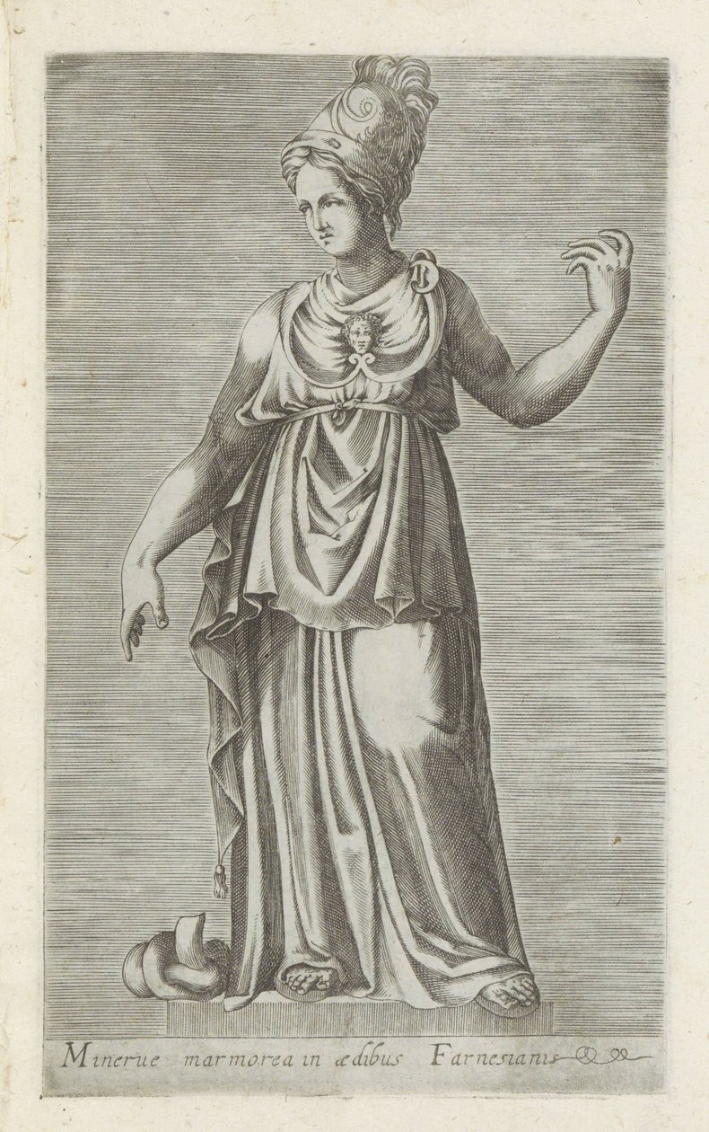 Skulptur av Minerva Minerva-marmor i Farnesian-palasset (tittel på objekt) Antikke skulpturer i Roma (serietittel) Ikoner av de gamle statuene av byen Roma som er sett på offentlige steder (serietittel) av Anonymous