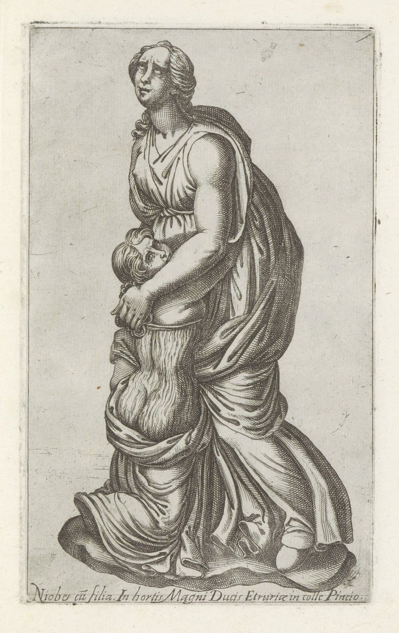Sculptuur van Niobe met haar dochter Niobes cu filia in hortis magni ducis (...) (title on object) Antieke sculpturen in Rome (series title) Antiquarum statuarum urbis Romae quae in publicis locis visuntur icones (series title)   1328579   no       norwegi av Anonymous