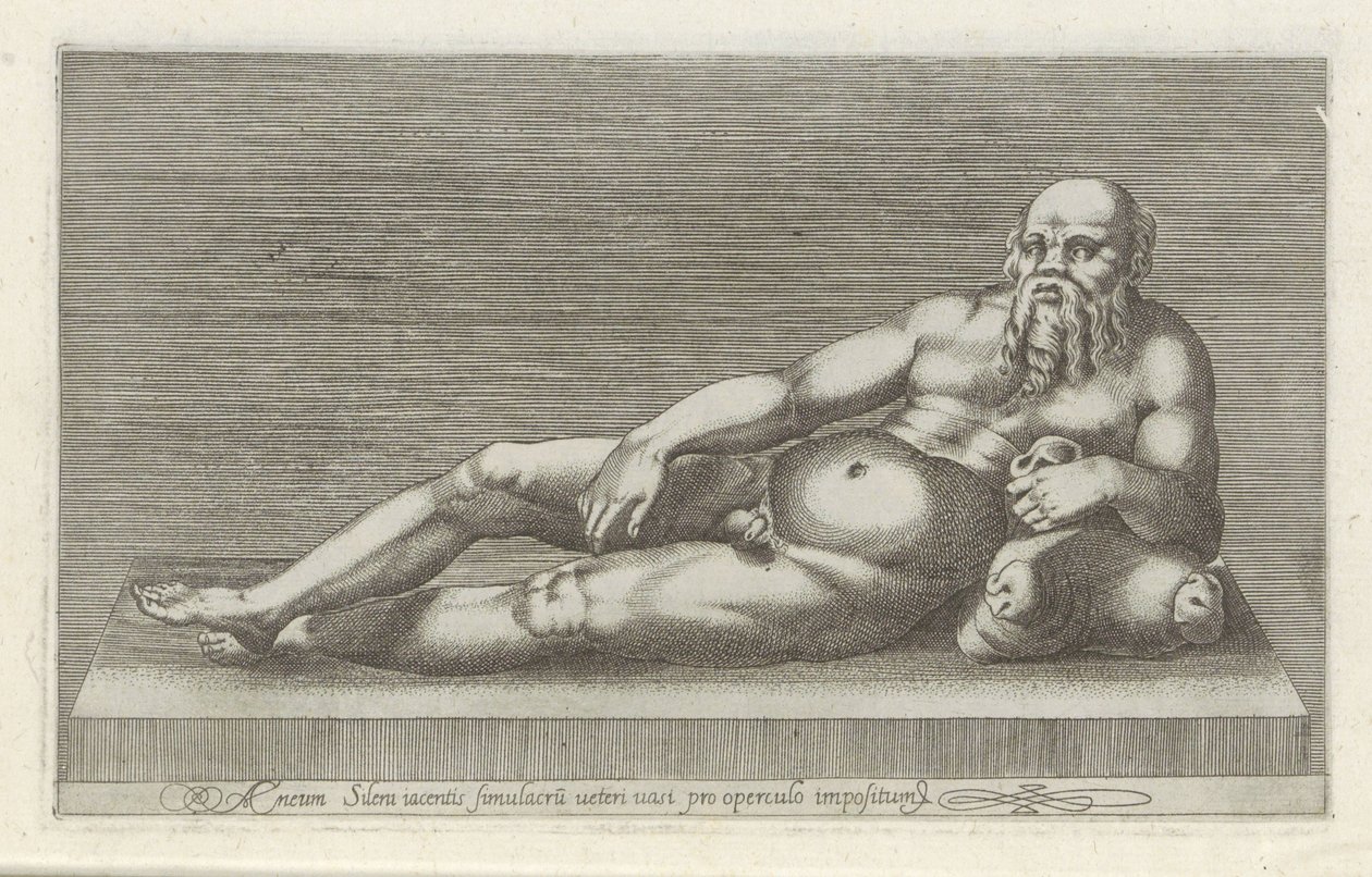 Sculptuur van Silenus Aeneas Silenus liggende statue av et gammelt kar plassert som et lokk (tittel på objekt) Antike sculpturen in Roma (serietittel) Ikoner av gamle statuer av byen Roma som er sett på offentlige steder (serietittel) av Anonymous