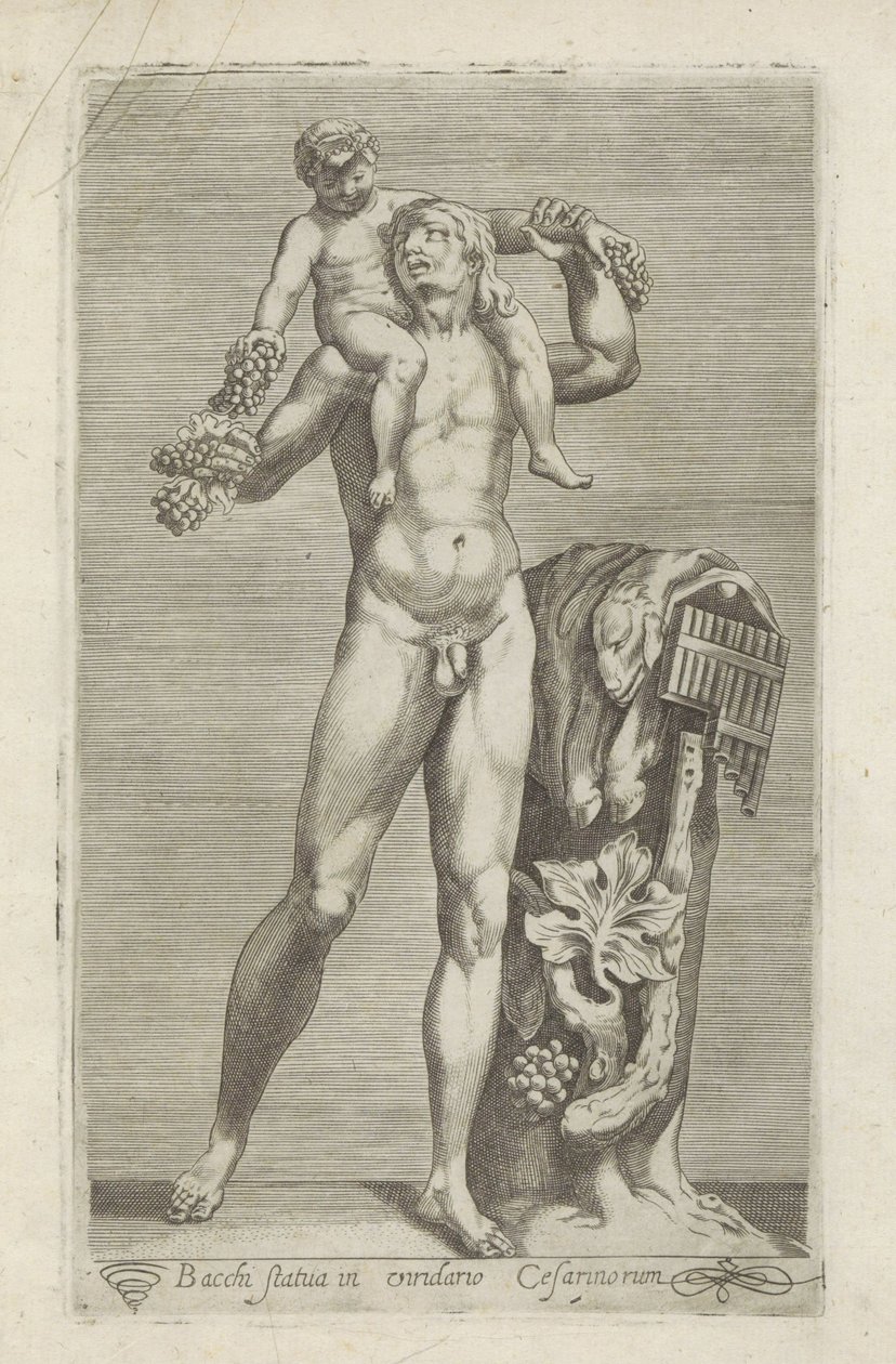 Skulptur av Silenus med den unge Bacchus på sine skoler Statuen av Bacchus i Caesars hage (tittel på objekt) Antikke skulpturer i Roma (serietittel) Ikoner av de gamle statuene av byen Roma som er sett på offentlige steder (serietittel) av Anonymous