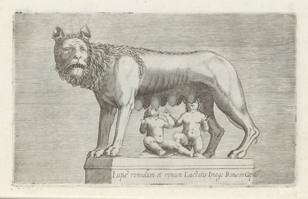 Sculptuur van de Lupa Capitolina die de tweeling Romulus en Remus zoogt Romulus og Remus ammer ulvebildet av Roma i Capito (tittel på objekt) Antikke skulpturer i Roma (serietittel) Av de gamle statuene av byen Roma som er å se på offentlige steder ic av Anonymous