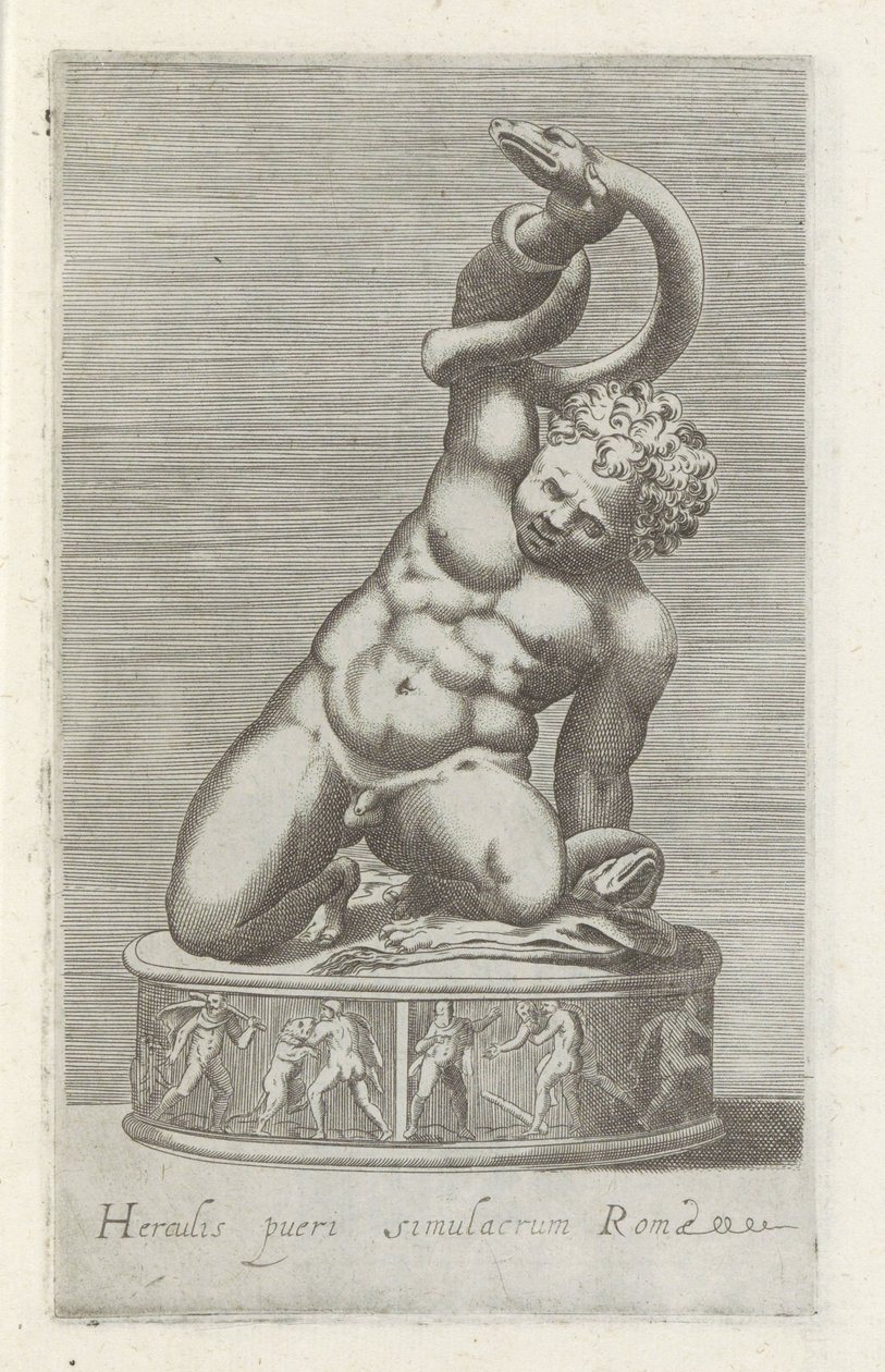Sculptuur van de unge Hercules i kamp med en slang Statue av Hercules barnet av Roma (tittel på objekt) Antikke skulpturer i Roma (serietittel) Ikoner av de gamle statuene av byen Roma som er sett på offentlige steder (serietittel) av Anonymous