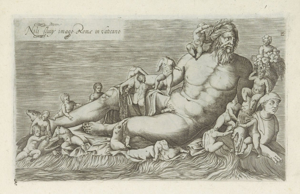 Sculptuur van de rivier de Nijl Nilen fluvy bilde av Roma i Vatikanet (tittel på objekt) Antikke skulpturer i Roma (serietittel) Ikoner av de gamle statuene av byen Roma som er sett på offentlige steder (serietittel) av Anonymous
