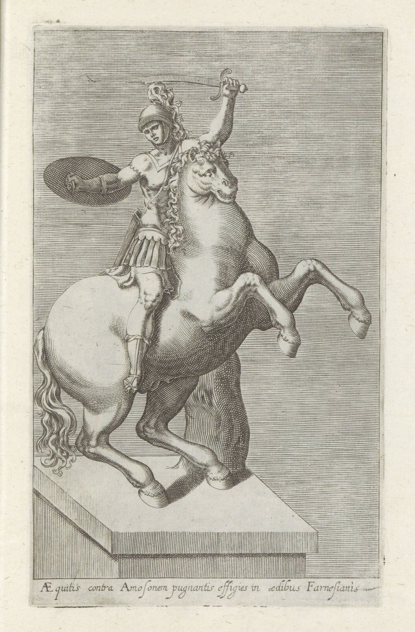 Sculptuur van een Romainse soldaat te paard Equites mot Amos (...) (tittel på objekt) Antikke skulpturer i Roma (serietittel) Ikoner av de gamle statuene av byen Roma som er sett på offentlige steder (serietittel) av Anonymous