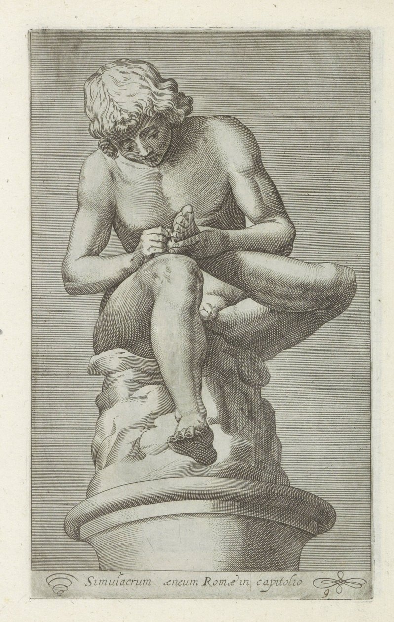 Skulptur av en jongen med en dør i foten Ryggmarg Bronse simulacrum av Roma i hovedstaden (tittel på objekt) Antikke skulpturer i Roma (serietittel) Ikoner av de gamle statuene av byen Roma som er sett på offentlige steder (serietittel) av Anonymous