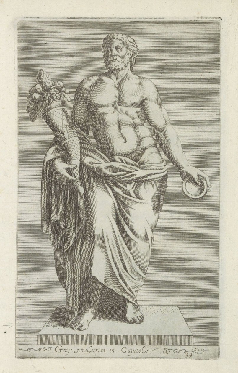 Sculptuur van en man met een hoorn des overvloeds Geny simulacrum in the Capitol (tittel på objekt) Antike sculpturen in Roma (serietittel) Ikoner av gamle statuer av byen Roma som er sett på offentlige steder (serietittel) av Anonymous