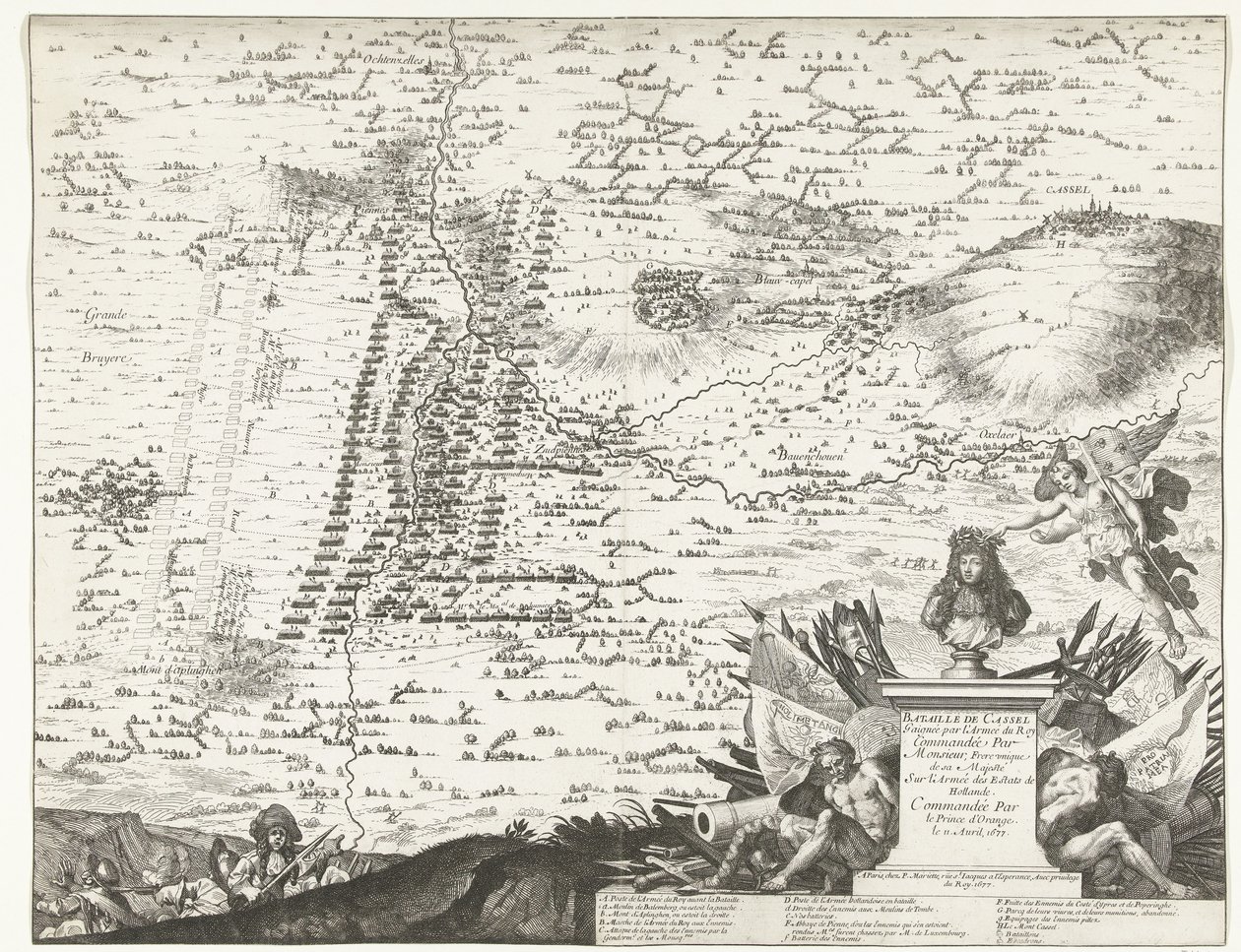 Slag bij Kassel, 1677 Slaget ved Cassel vunnet av Kongens hær kommandert av Hans Majestets eneste bror Over Army of the Estates of Holland, kommandert av Prince of Orange 11. april 1677 (tittel på objekt) av Anonymous
