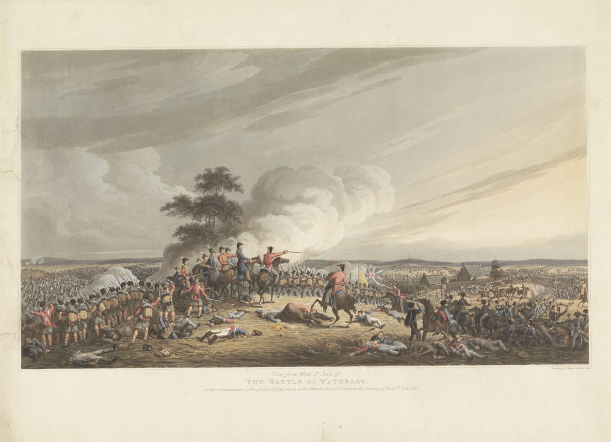 Slag ved Waterloo, 1815 Utsikt fra Mont St. Jean av slaget ved Waterloo, ved begynnelsen av den store anklagen mot franskmennene rundt klokken 7 om kvelden den 18. juni 1815 (tittel på objekt) av Anonymous