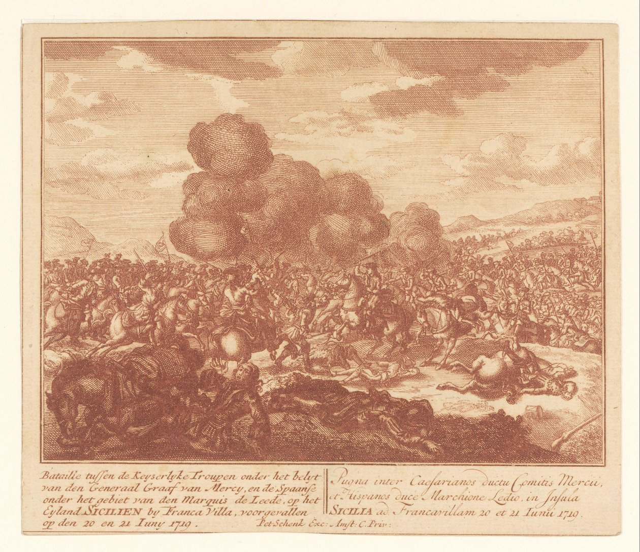 Kamp mellom keiserlige tropper og spanskene på Sicilia, juni 1719 Bataille mellom Keyserlijke Troupen under kontroll av general Graaf van Mercy, og spanskene under kontroll av Marquis de Leede (...) (tittel på objekt) av Anonymous