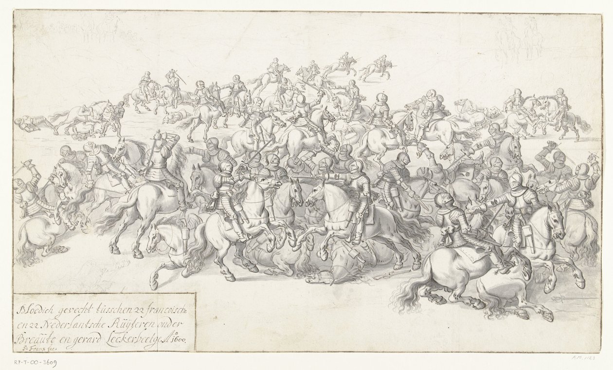 Slaget ved Gourmet, 1600 Blodig kamp mellom 22 frankiske og 22 nederlandske Ruyteren under Breaut og Gerard Leckerbeetge Ao. 1600 (tittel på objekt) av Anonymous