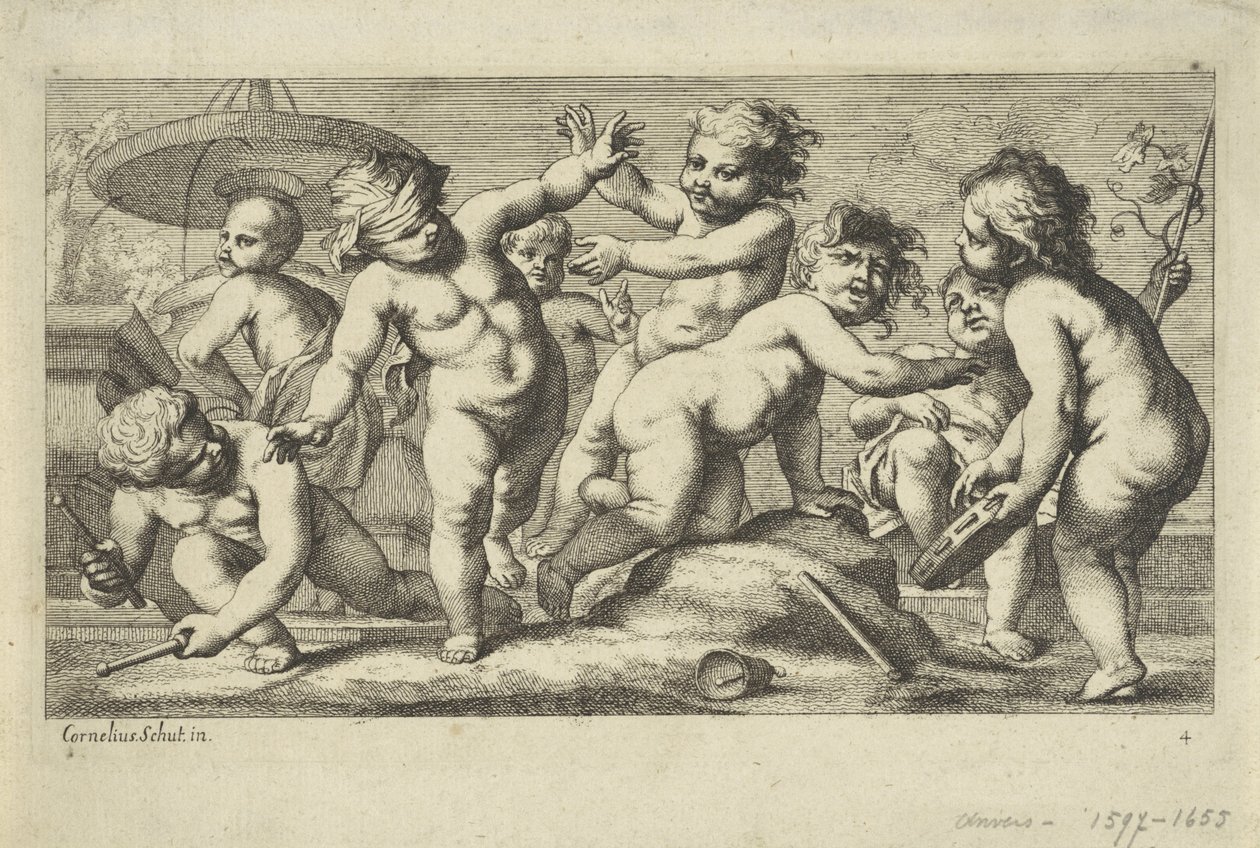 Putti leker ved en fontene Spiller putti (serietittel) av Anonymous