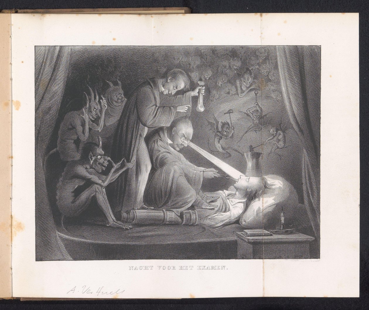 Tegneserie i Leiden studentalmanakk, 1844 Kveld før eksamen (tittel på objekt) av Anonymous