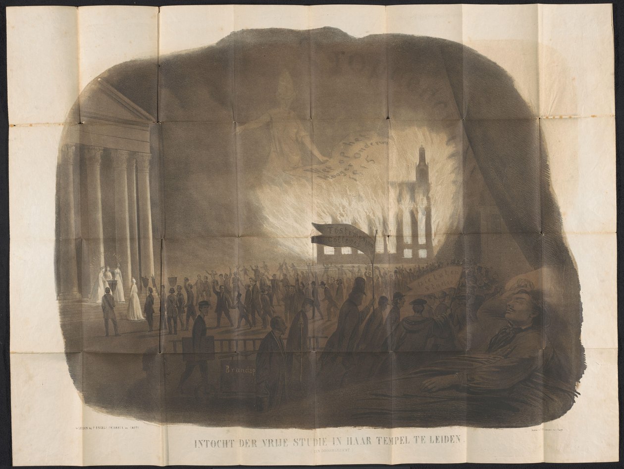 Tegneserie i Leiden studentalmanakk, 1866 Inngang til gratis studie i templet hennes i Leiden (et drømmelandskap) (tittel på objekt) av Anonymous