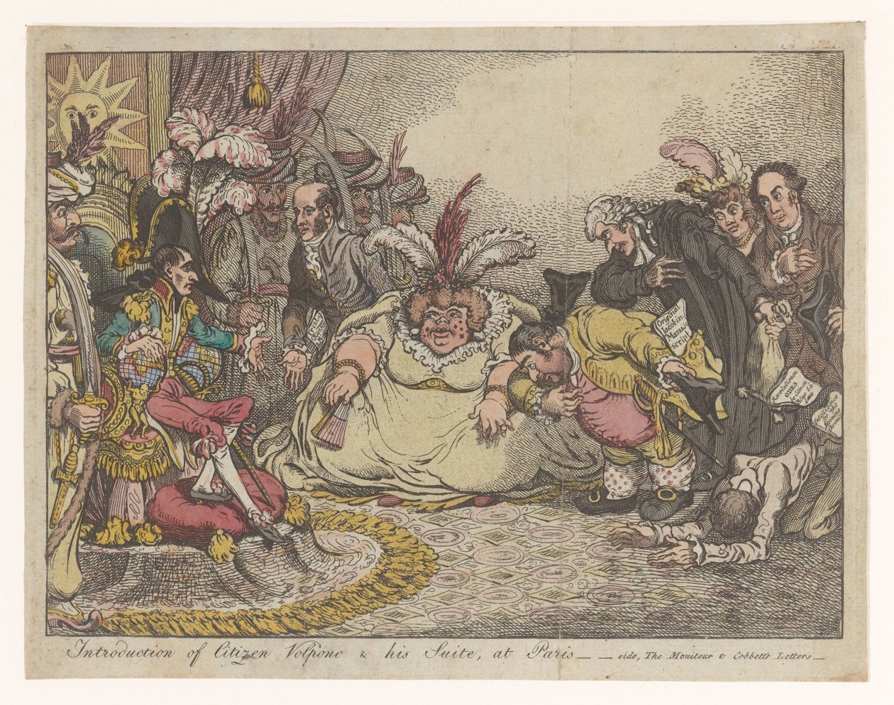 Spotprent møtte Napoleon en Fox, 1802 Introduksjon av Citizen Volpone & his Suite, i Paris - vide, The Moniteu & Cobbett