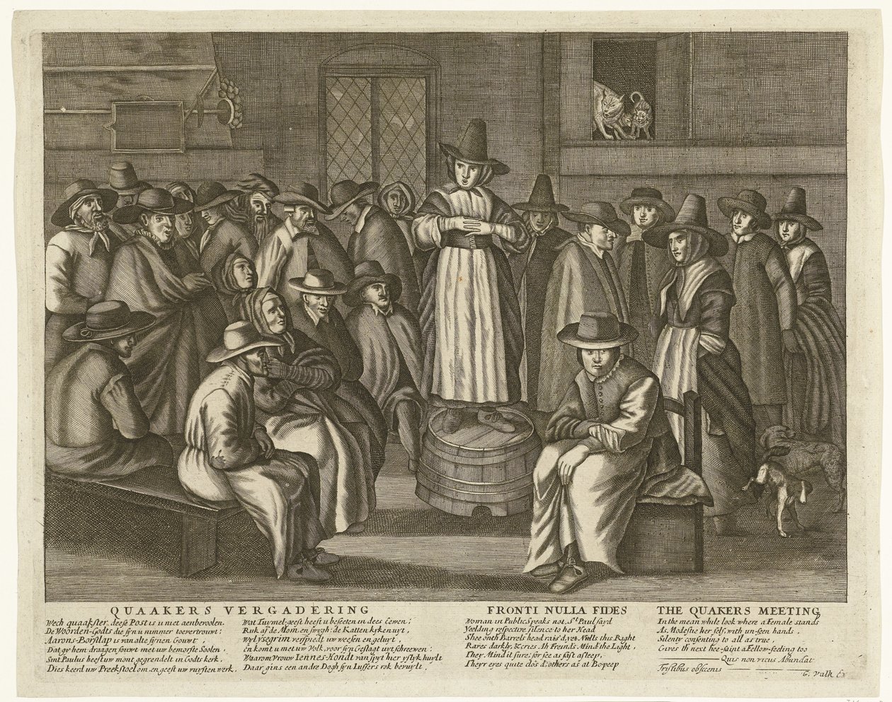 Tegneserie av de engelske kvekerne, ca. 1656 Quaaker Meeting / Fronti Nulla Fides / The Quakers Meeting (tittel på objekt) av Anonymous