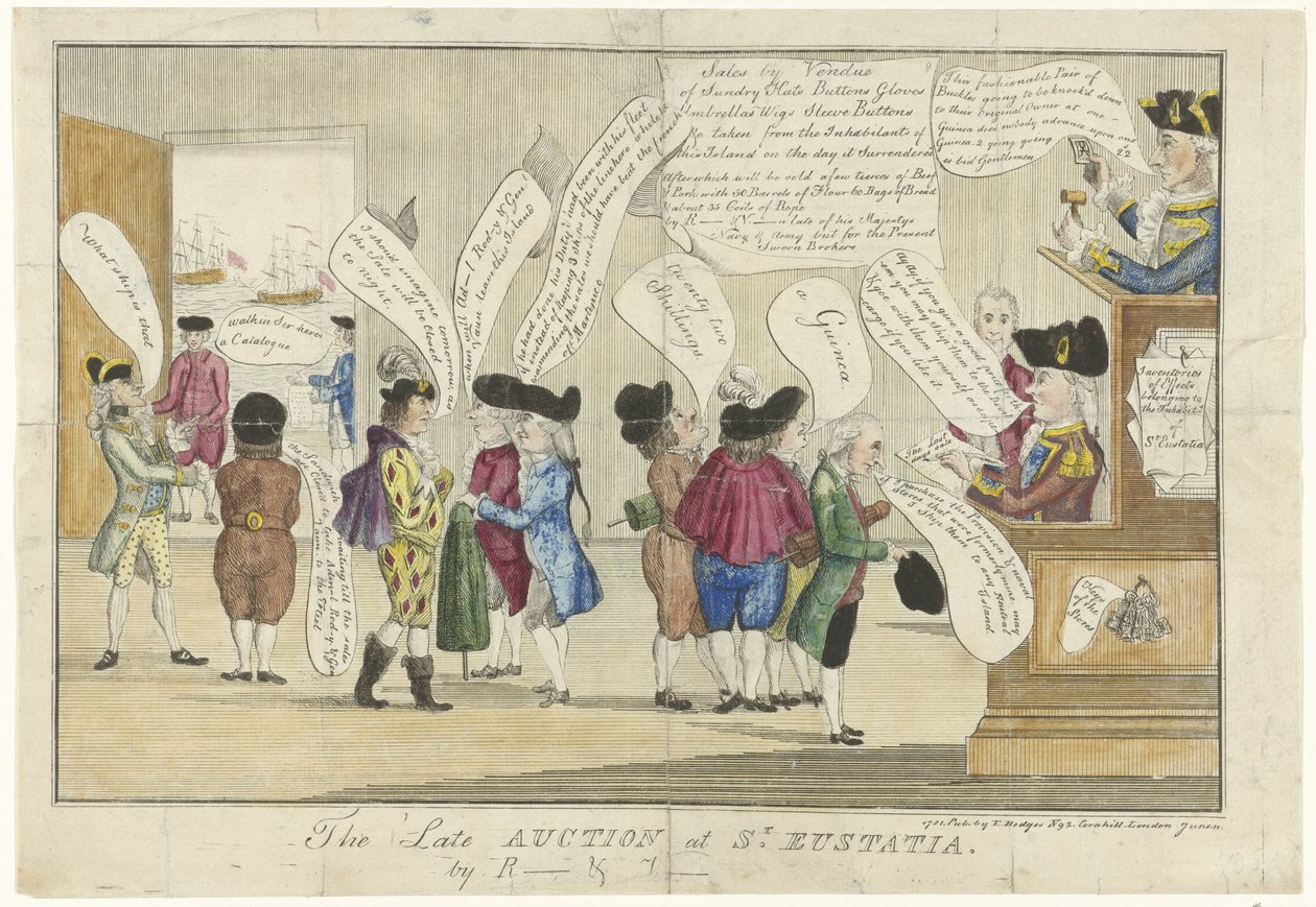 Tegneserie av engelskmennene på St. Eustatius, 1781 Den sene auksjonen på St. Eustatia (tittel på objekt) av Anonymous