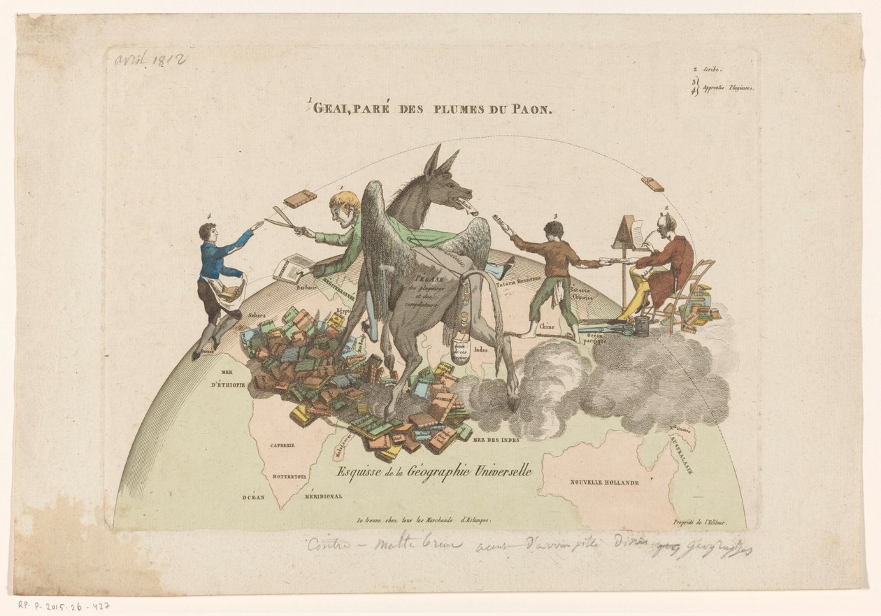 Spotprent op de Geographies Universelle av Conrad Malthe-Brun Skisse av universell geografi (tittel på objekt) av Anonymous