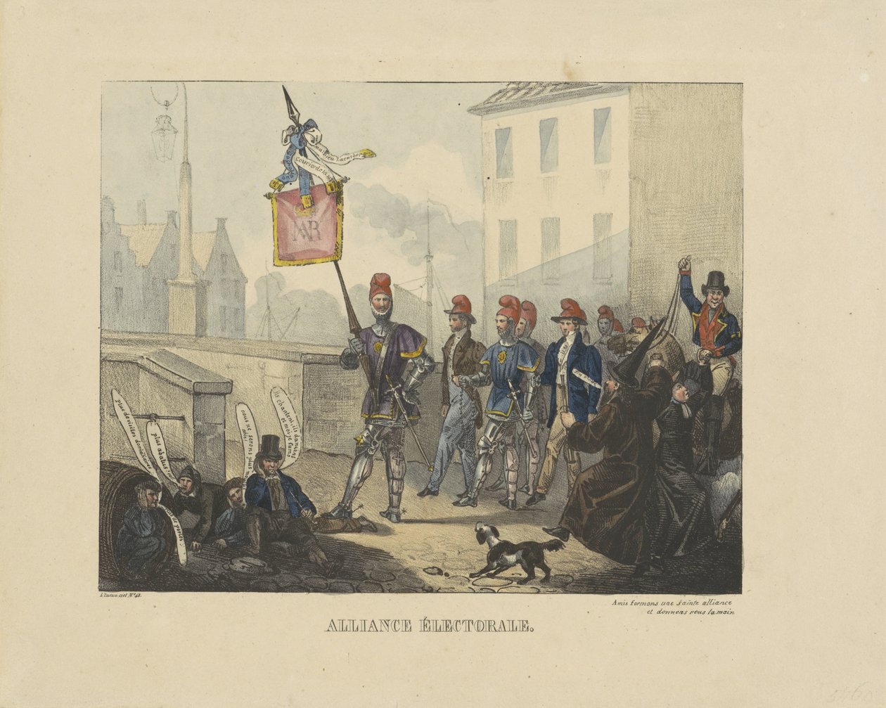 Tegneserie av alliansen laget mellom det romerske geistlige partiet og det liberale partiet mot den nederlandske regjeringen, 1828 Alliansevalg (tittel på objekt) av Anonymous