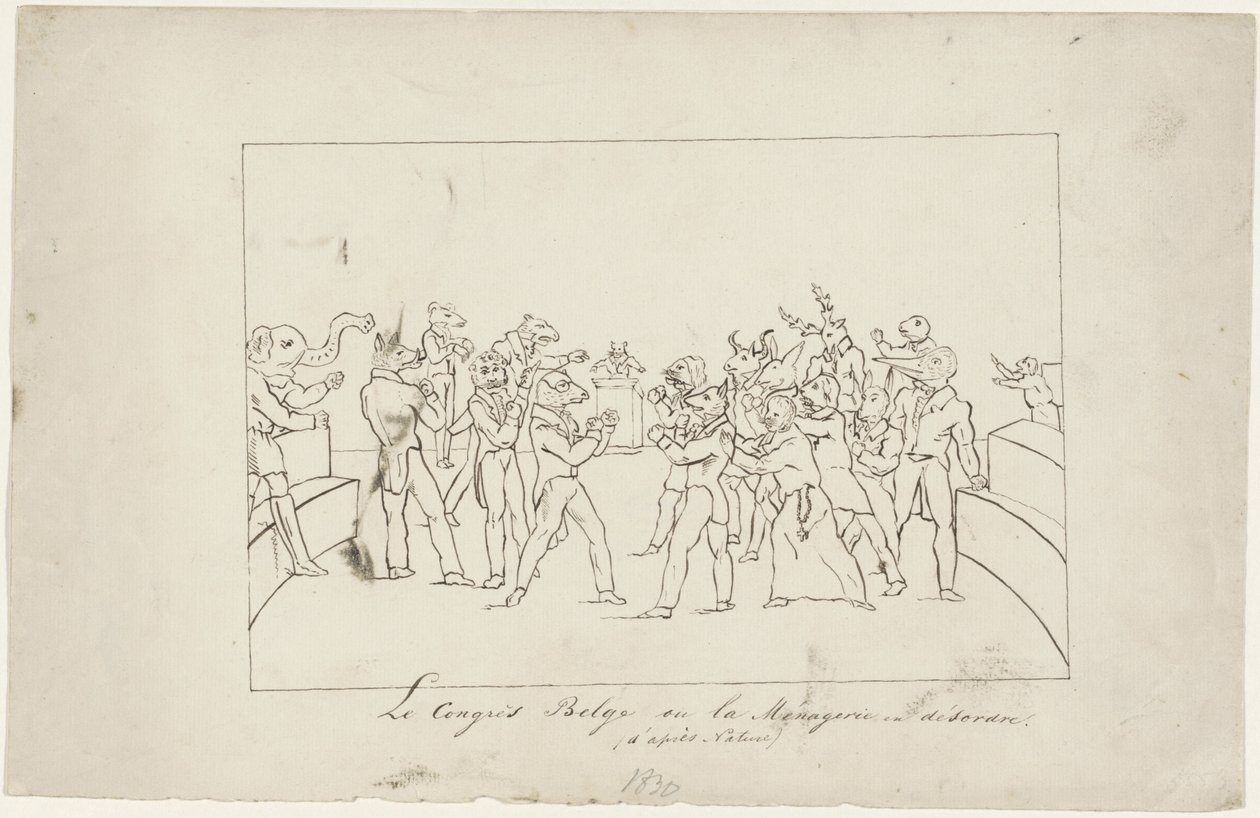 Spotprent op de onenigheid in het Belgische Nationale Congres over het verkiezen van een koning, 1831 Le Congrès Belge ou la Ménagerie en désordre. (d