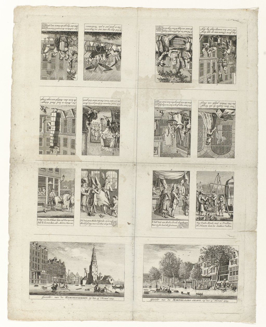 Tegneserier om mote og to utsikter over Amsterdam under flommene i 1775 av Anonymous