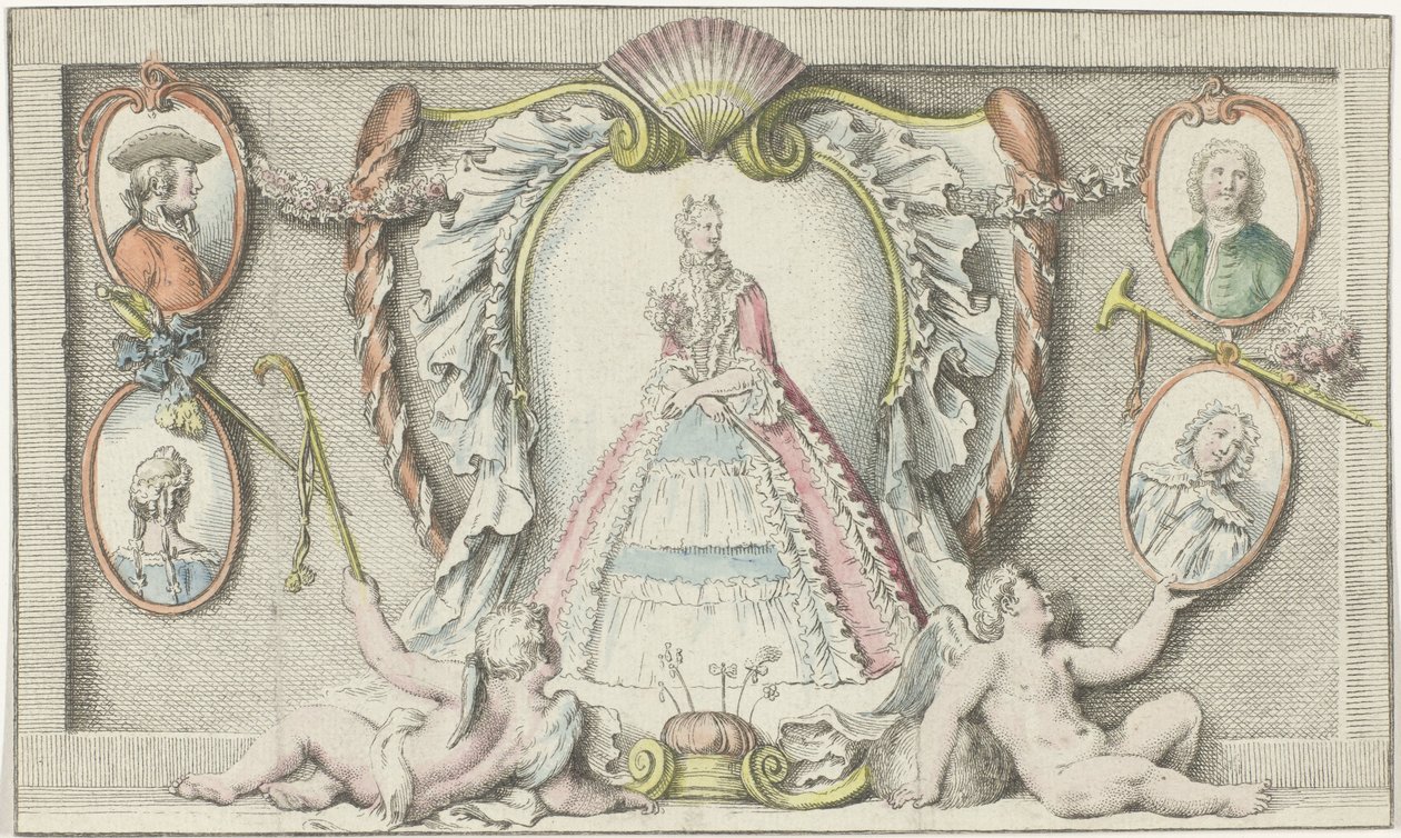 Stående kvinne, to putti og fire medaljonger Moter 1730 Mercure de France (serietittel) av Anonymous