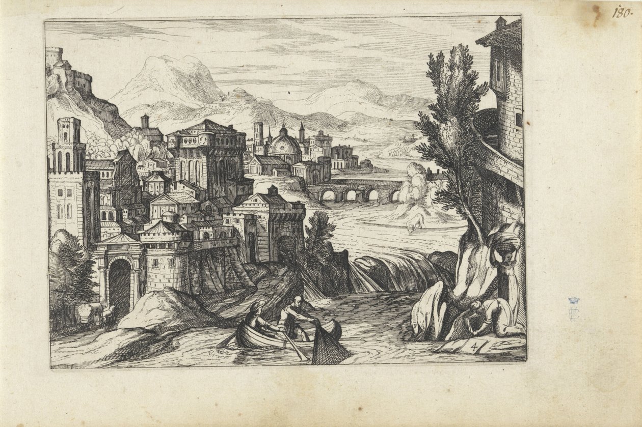 By ved en elv Landskap med figurer (serietittel) av Anonymous