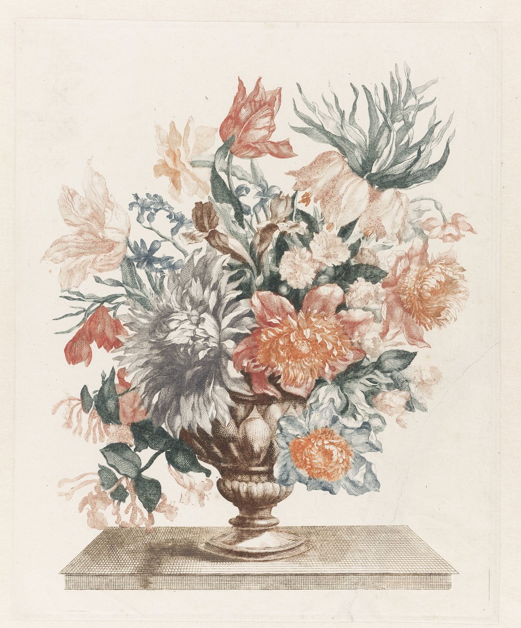 Steinvase med blomster på et platå av Anonymous