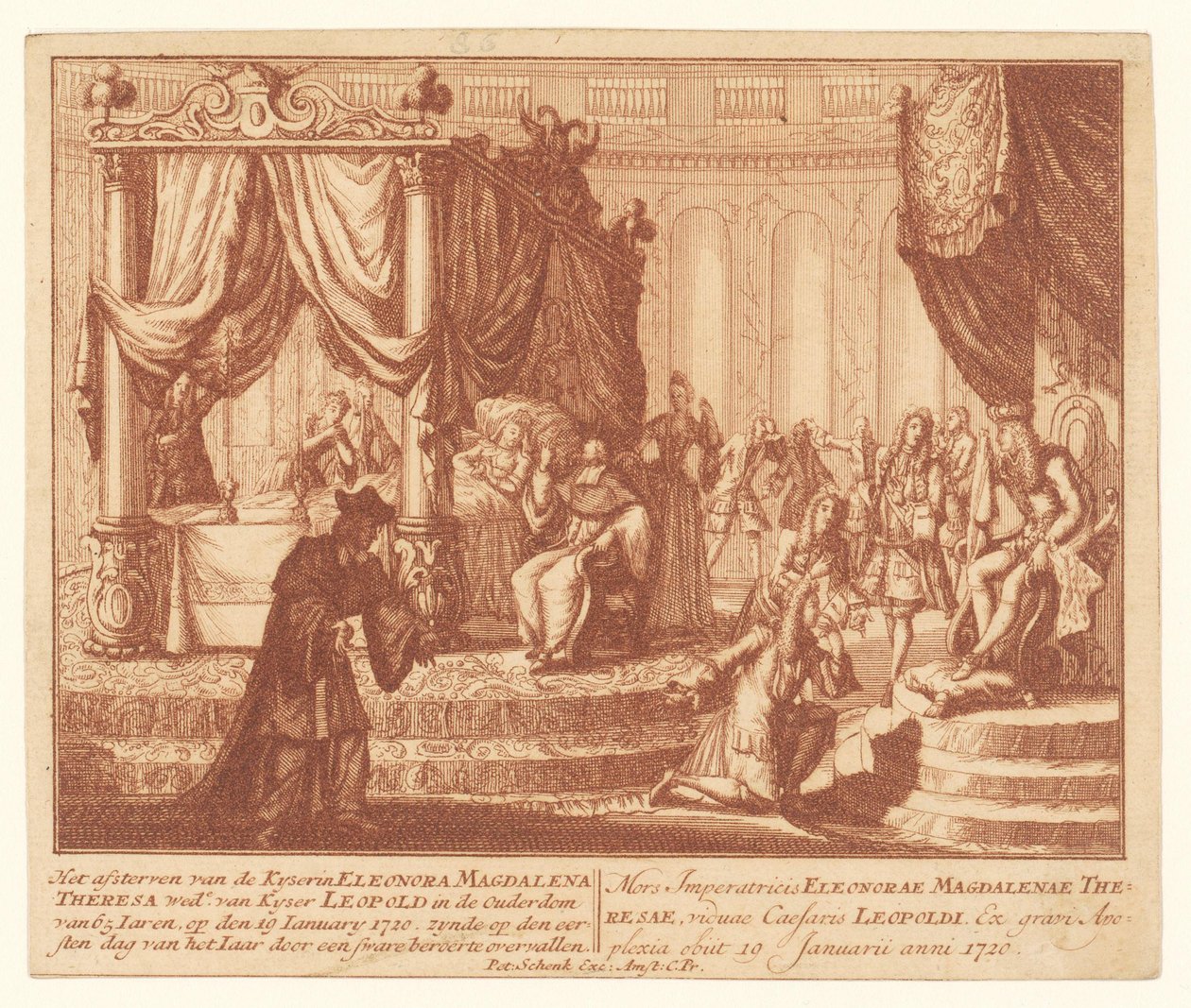 Dødsleie til keiserinne Eleanor av Pfalz-Neuburg, 19. januar 1720 Kyserinens døende Eleonora Magdalena Theresa Woad. av Kyser Leopold i en alder av 65 Iaren (...) (tittel på objekt) av Anonymous