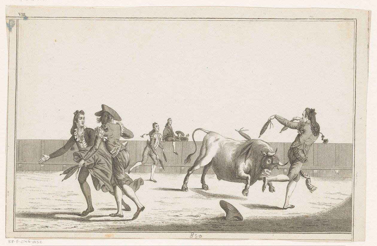 Taurus utfordres med banderillas Coleccion de las principales suertes de una corrida de toros (serietittel på objekt) Samling av de viktigste tyrefektingsmanøvrene (serietittel) av Anonymous