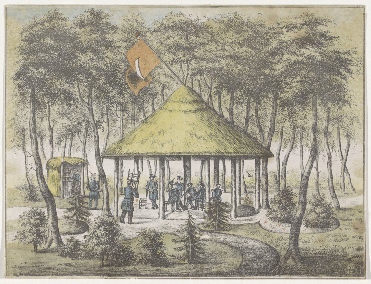 Tempel og hage ved Boekel, 1831 Utsikt over tempelet og hagen ved Boekel. Oppført og konstruert av tjenestemilitsen i byen Groningen. Som en anerkjennelse for den vennlige velkomsten 23. juni 1831 til foreningens medlemmer som et minnesmerke av Anonymous