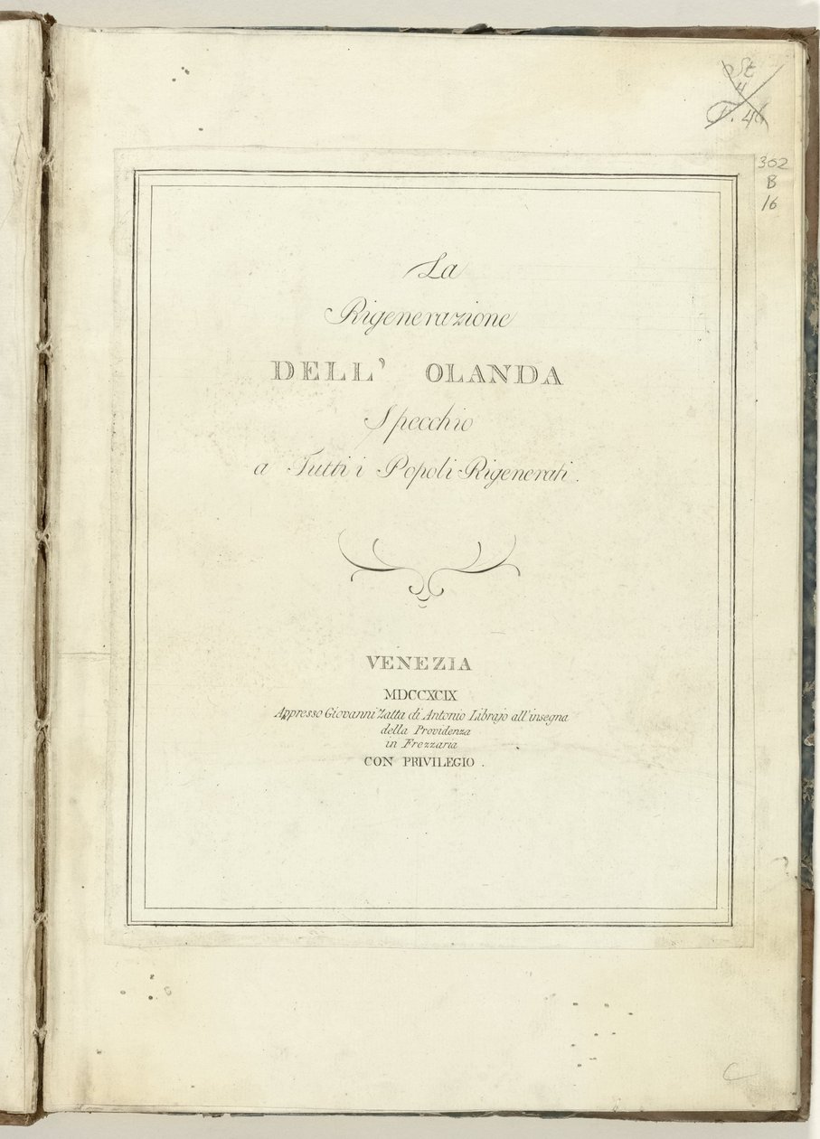Sidetittel for: The regeneration of Holland, 1799 Fornyelsen av Holland: et speil for alle gjenskapte folk (tittel på objekt) Hollandia Regenerata (Italyanse kopie) (serietittel) av Anonymous