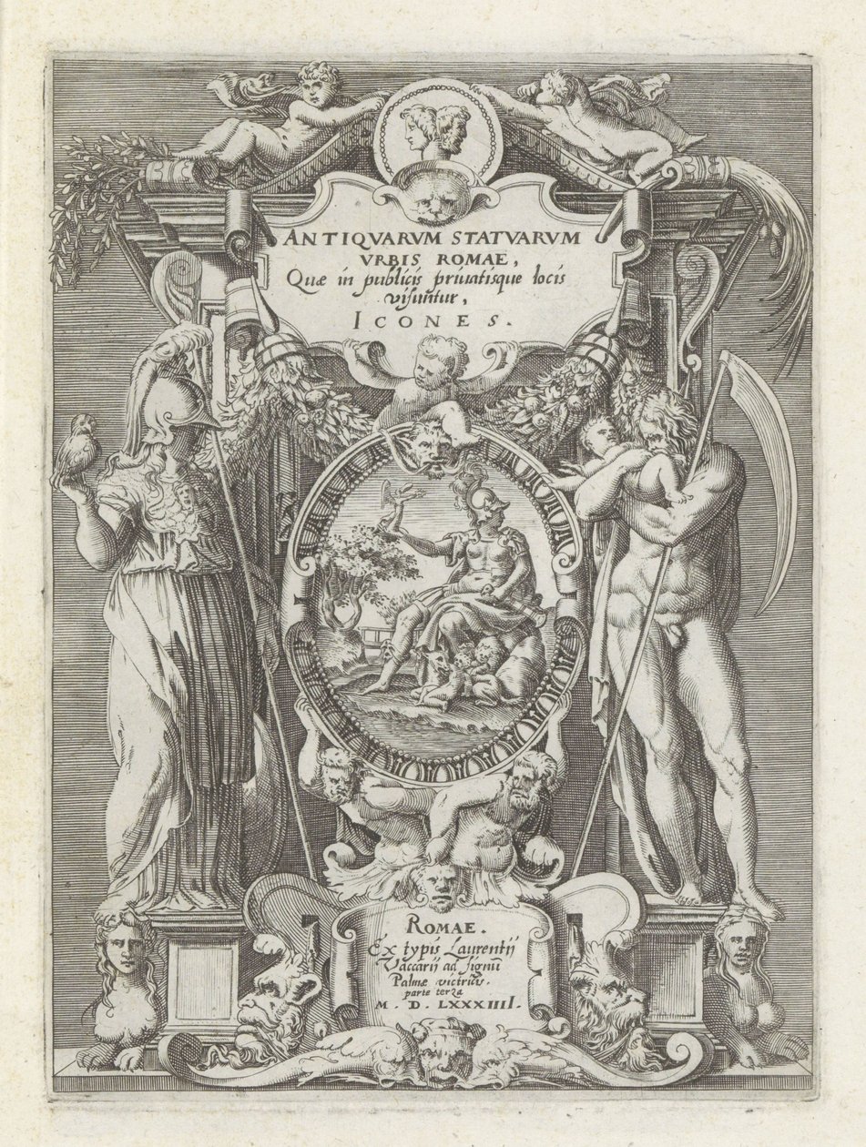 Titelprent møtte Roma, Minerva og Saturnus Antikke skulpturer i Roma (serietittel) Ikoner av de gamle statuene av byen Roma som er sett på offentlige steder (serietittel på objekt) av Anonymous