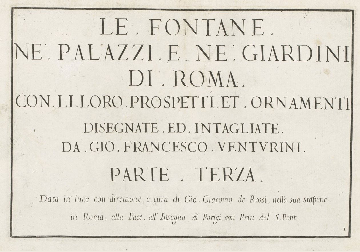 Titteltrykk med innrammet tittel Le fontane ne palazzi e ne giardini di Roma (serietittel) Fontener i palassene og hagene i Roma (serietittel) av Anonymous