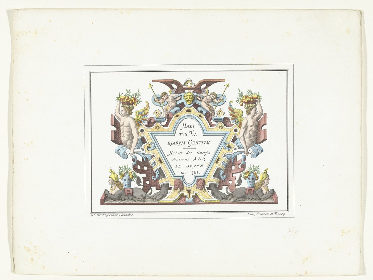 Titelprent for de serie kostuumprenten i faksimile Habitus Variarum Gentium Habitus Variarum Gentium / Habitz des divers Nations Abr De Bruyn inv. 1581 (tittel på objekt) av Anonymous