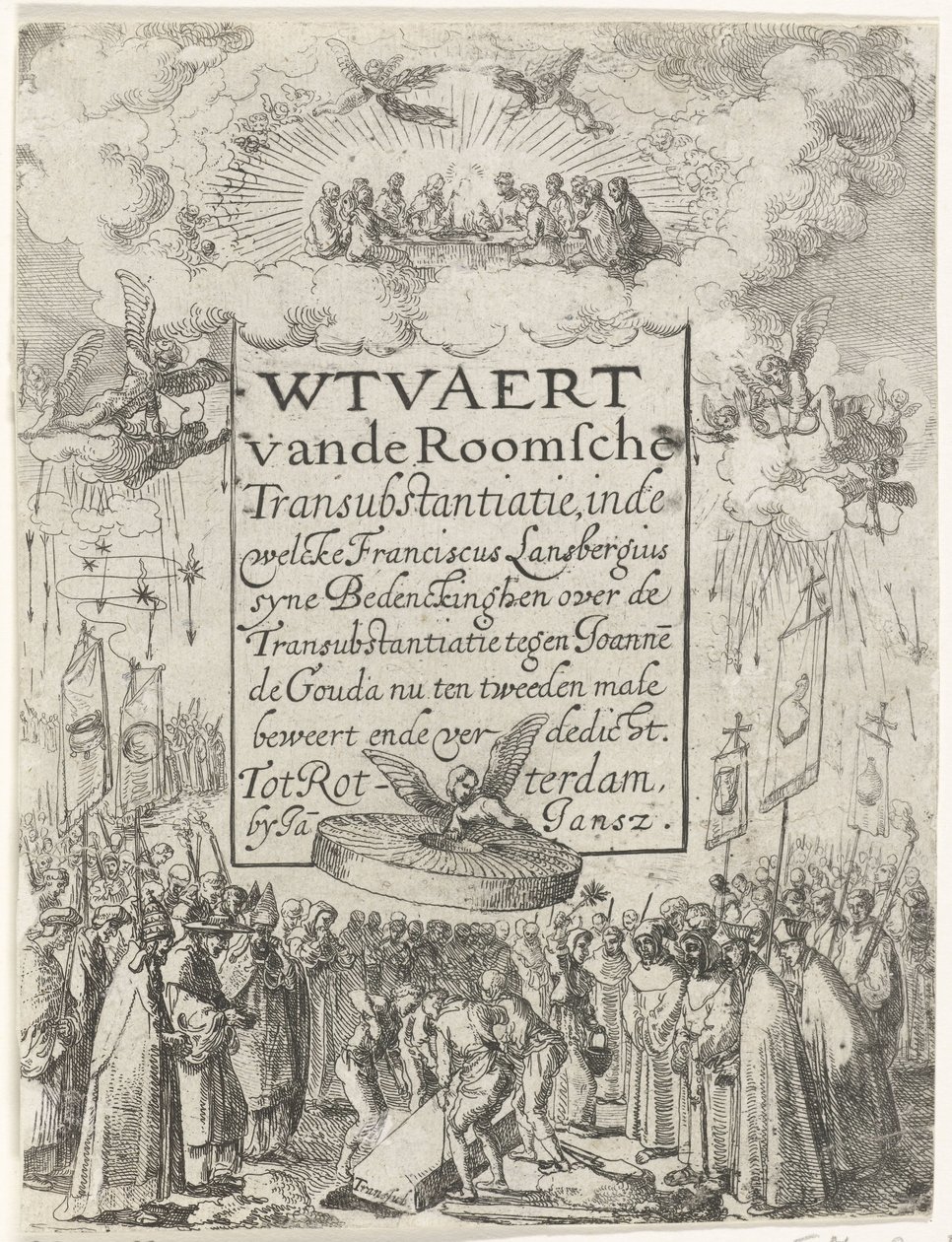 Titteltrykk for heftet Wtvaert vande Roman Transubstantiatie, 1612 Wtvaert vande Roman Transsubstantiation, i velcke Franciscus Lansbergius syne Bedenckinghen om Transsubstantiation mot Joannes de Gouda hevder nå for andre gang ende v av Anonymous