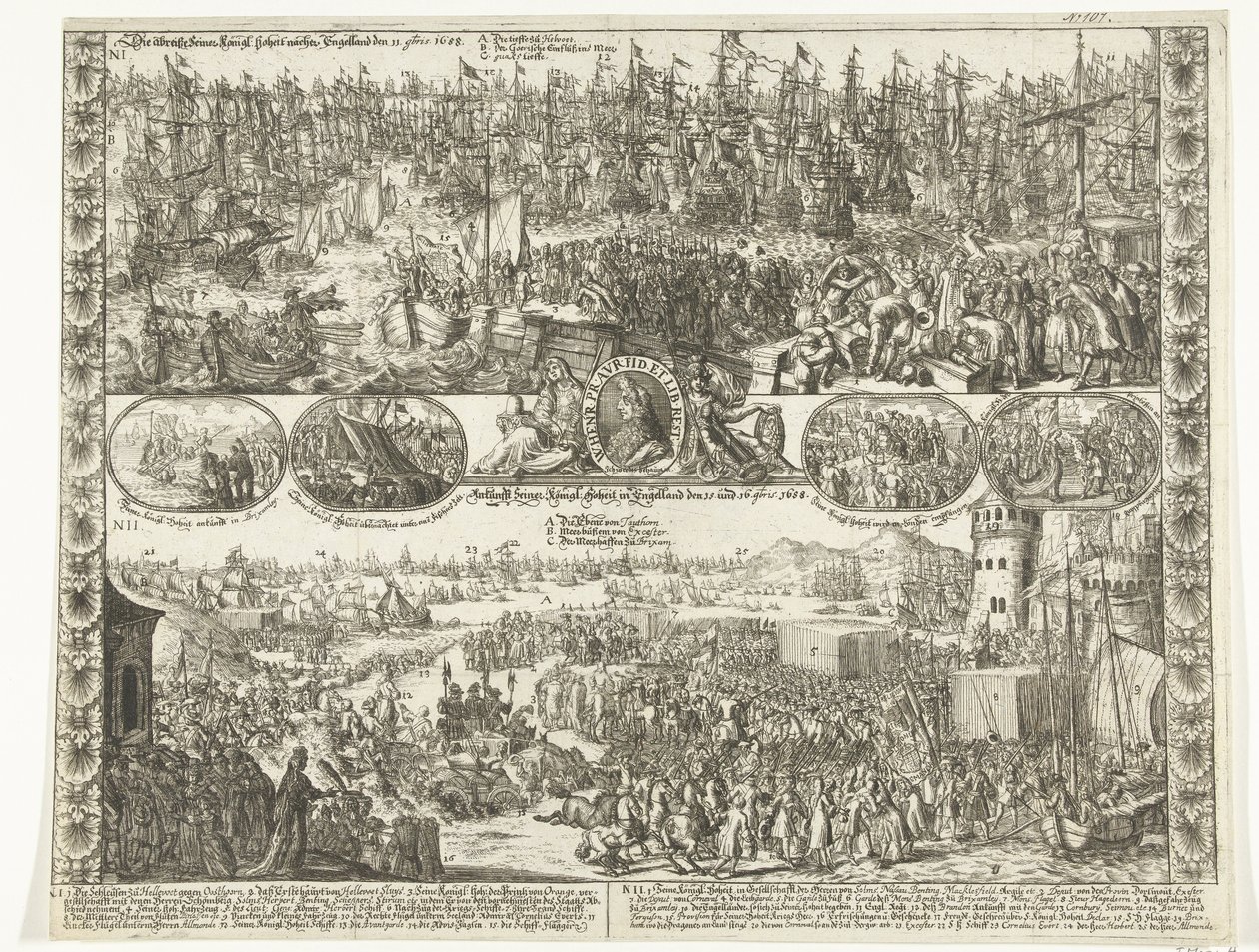 Datter av Willem III til England, 1688 The Demolition of His kings: Highness in England on November 11, 1688 / Arrival of His kings: Highness in England on November 15, and 16, November 1688 (tittel på objekt) av Anonymous
