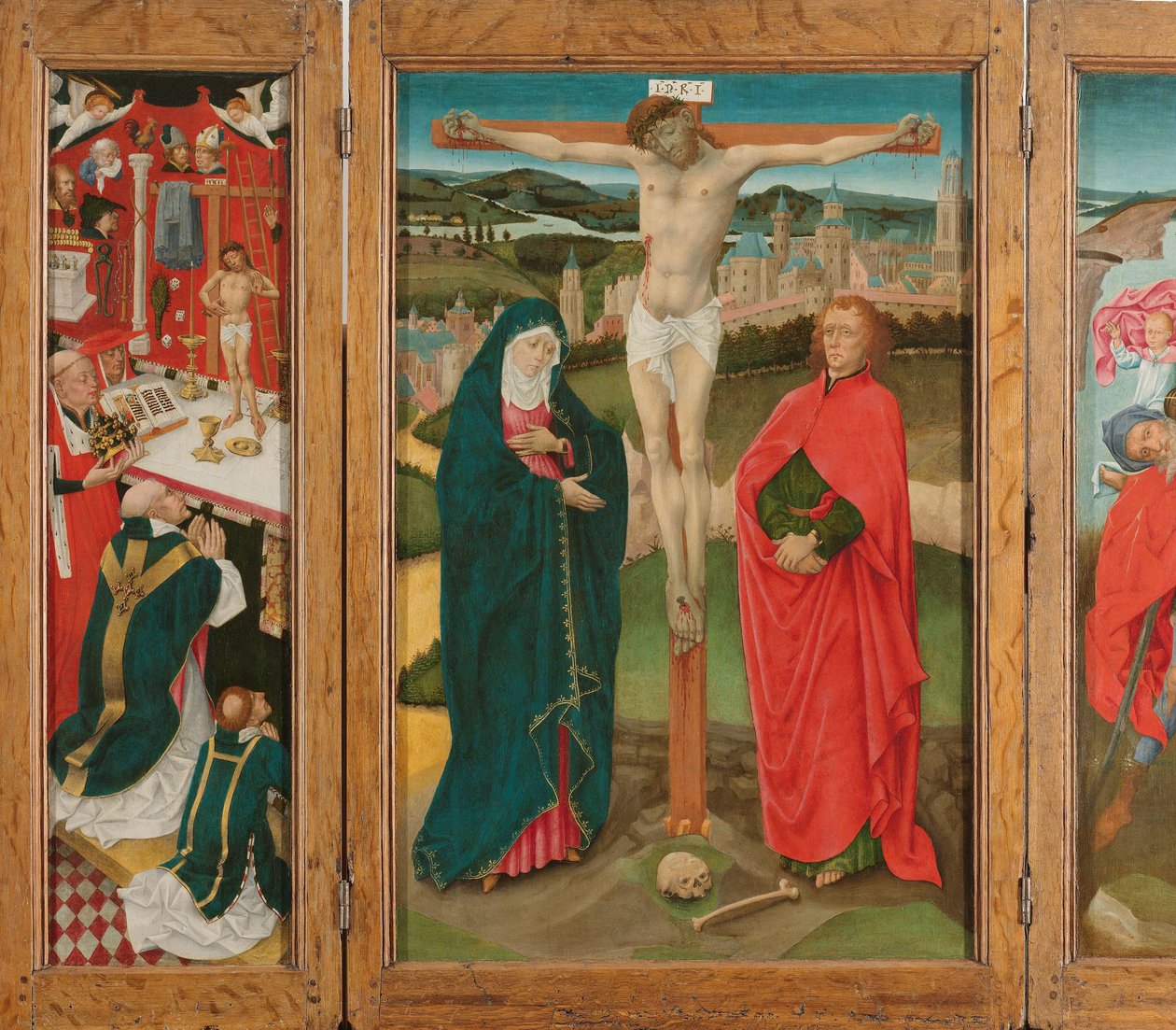 Triptyk med korsfestelsen Triptyk med korsfestelsen (sentralt panel), Saint Gregory-messen (indre venstre fløy), Saint Christopher (indre høyre fløy) og kunngjøringen til Maria (ytre vinger) av Anonymous
